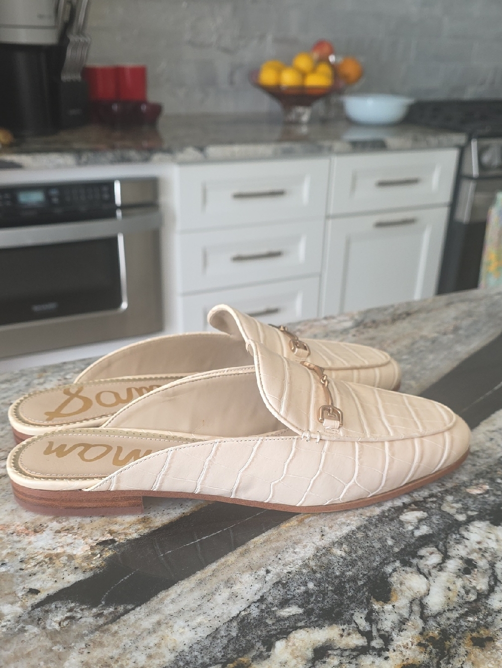 PRISTINE Sam Edelman Linnie Horse Bit Mule Eggshell Croc Size 9.5 Cream Ecru - Picture 6 of 13